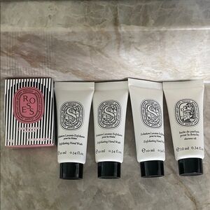 5 BRAND NEW DIPTYQUE SAMPLES! Hand wash, body wash, and Soap!